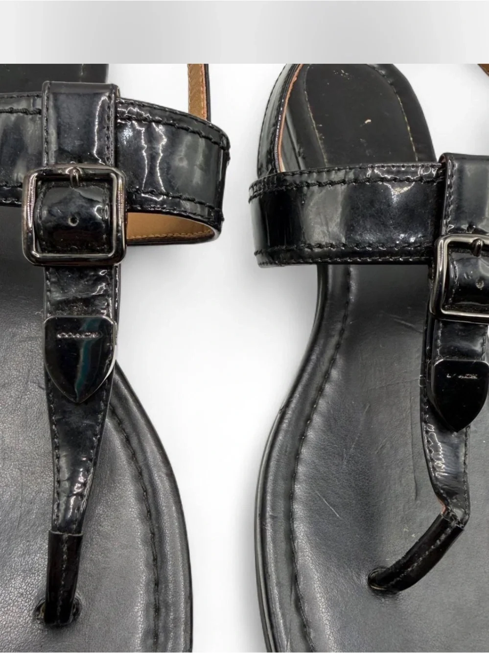 Coach Womens black Patent Leather T-Strap Sandals